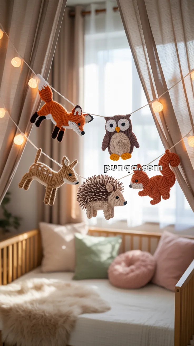 A cozy nursery featuring a string of crocheted animal decorations including a fox, owl, deer, hedgehog, and squirrel, hung above a wooden crib adorned with fluffy cushions and a soft throw. Soft ambient lighting enhances the warm, inviting atmosphere.