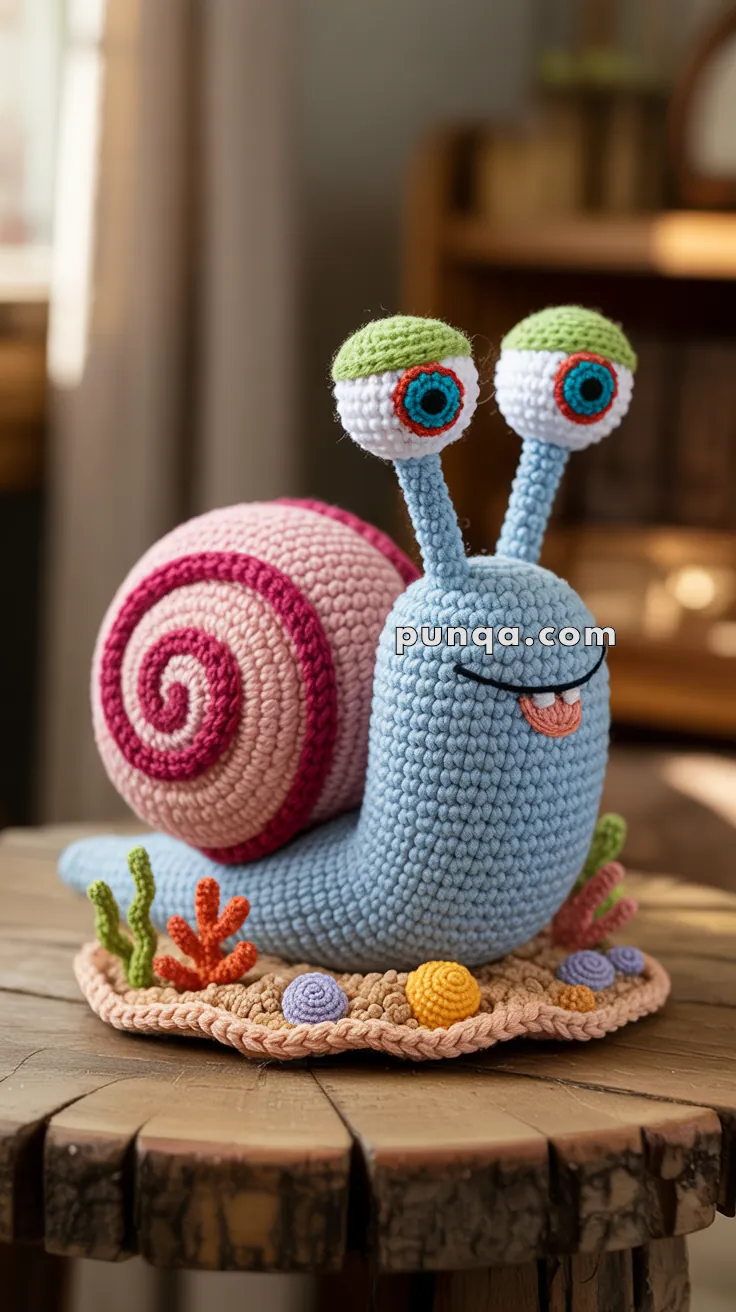 A crocheted snail with a blue body, large white eyes with green tops, and a pink and red spiral shell sits on a wooden table. It is adorned with colorful crocheted elements resembling plants around its base.