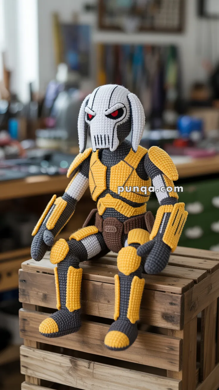 A crocheted figure resembling a robot or armored character sitting on a wooden crate, featuring a gray, yellow, and brown color scheme with a detailed helmet and intricate armor design.