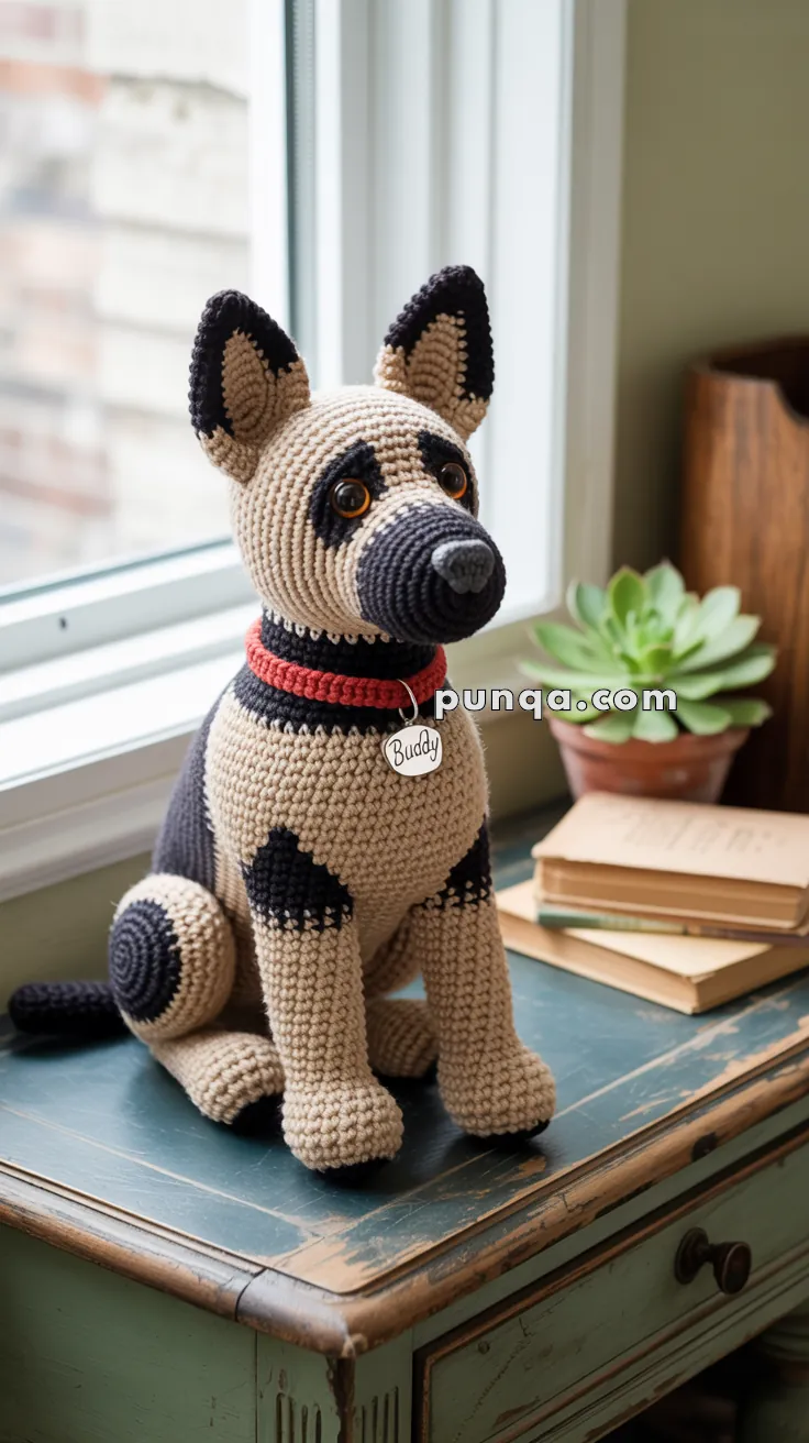 A crocheted dog resembling a German Shepherd is sitting on a wooden table by a window, wearing a red collar with a tag labeled 'Buddy.'