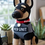 A crocheted plush dog designed to look like a K9 police unit, wearing a red collar and a gray vest with "K9 UNIT" on it, sits on a wooden table beside a small potted plant and a walkie-talkie.