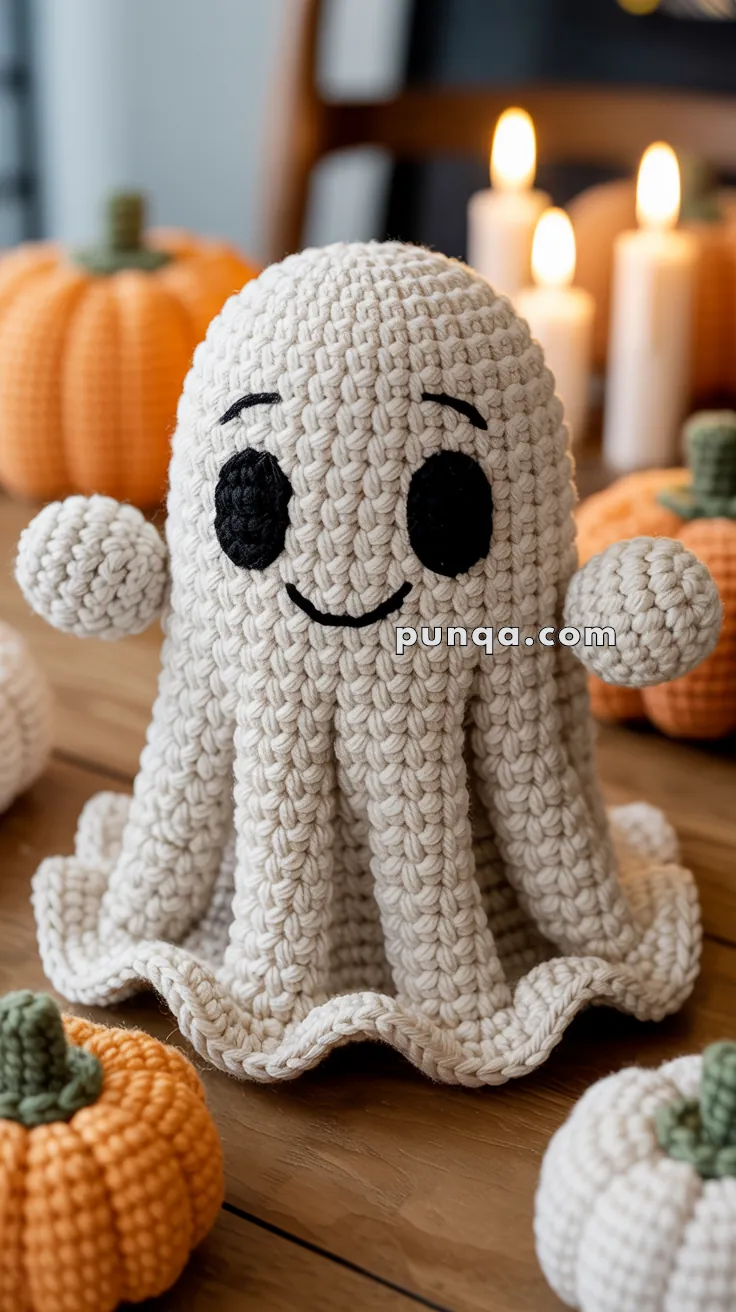 A crocheted ghost with a smiling face sits on a wooden table surrounded by crocheted pumpkins and lit candles in the background.