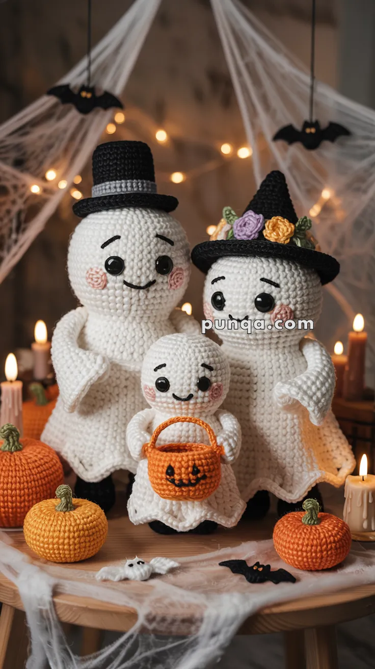 Three crocheted ghosts in Halloween costumes, with two adult ghosts wearing hats and a small ghost holding an orange pumpkin basket, surrounded by crocheted pumpkins and Halloween decorations, including webbing and candle-like accents.