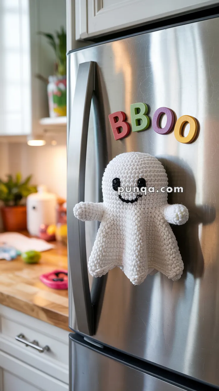 A crocheted white ghost decoration with a smiling face is attached to a refrigerator, beneath magnetic letters spelling 'BOO' in colorful plastic. The kitchen background includes a wooden countertop with plants and kitchen items visible.
