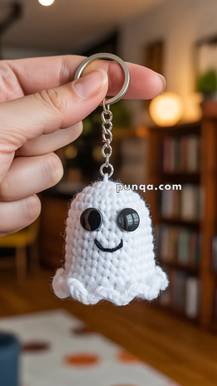 A hand holding a crocheted ghost keychain with large black eyes and a smiling face in a cozy room setting.