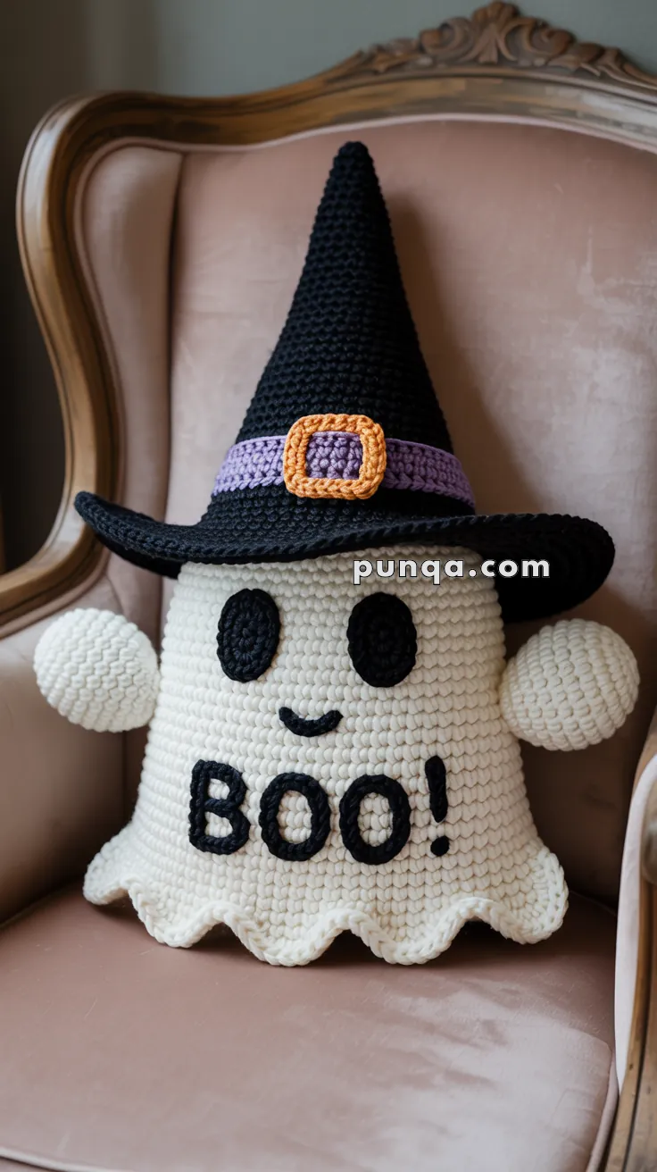 A crochet ghost pillow with a black witch hat featuring a purple band and orange buckle, embroidered with "BOO!" on its body, seated on a vintage armchair.