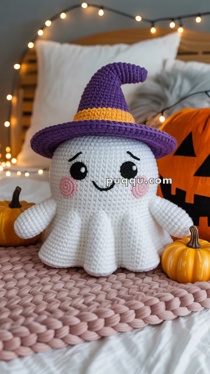 A crocheted ghost toy wearing a purple witch hat with an orange band, placed on a pink textured mat between two small pumpkins, with fairy lights in the background and a carved pumpkin nearby.