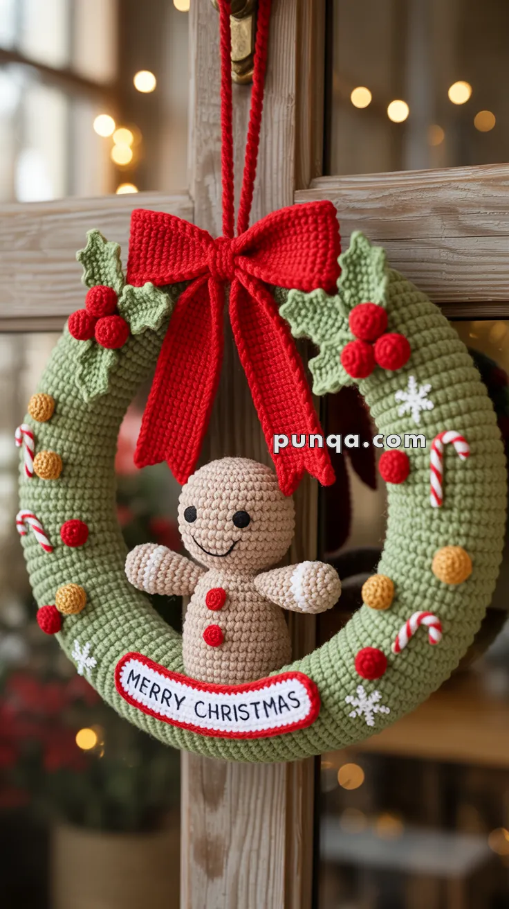 A crocheted Christmas wreath decorated with holly leaves, berries, candy canes, and small baubles, featuring a gingerbread man in the center and a red bow at the top. The wreath has a 'Merry Christmas' sign at the bottom.