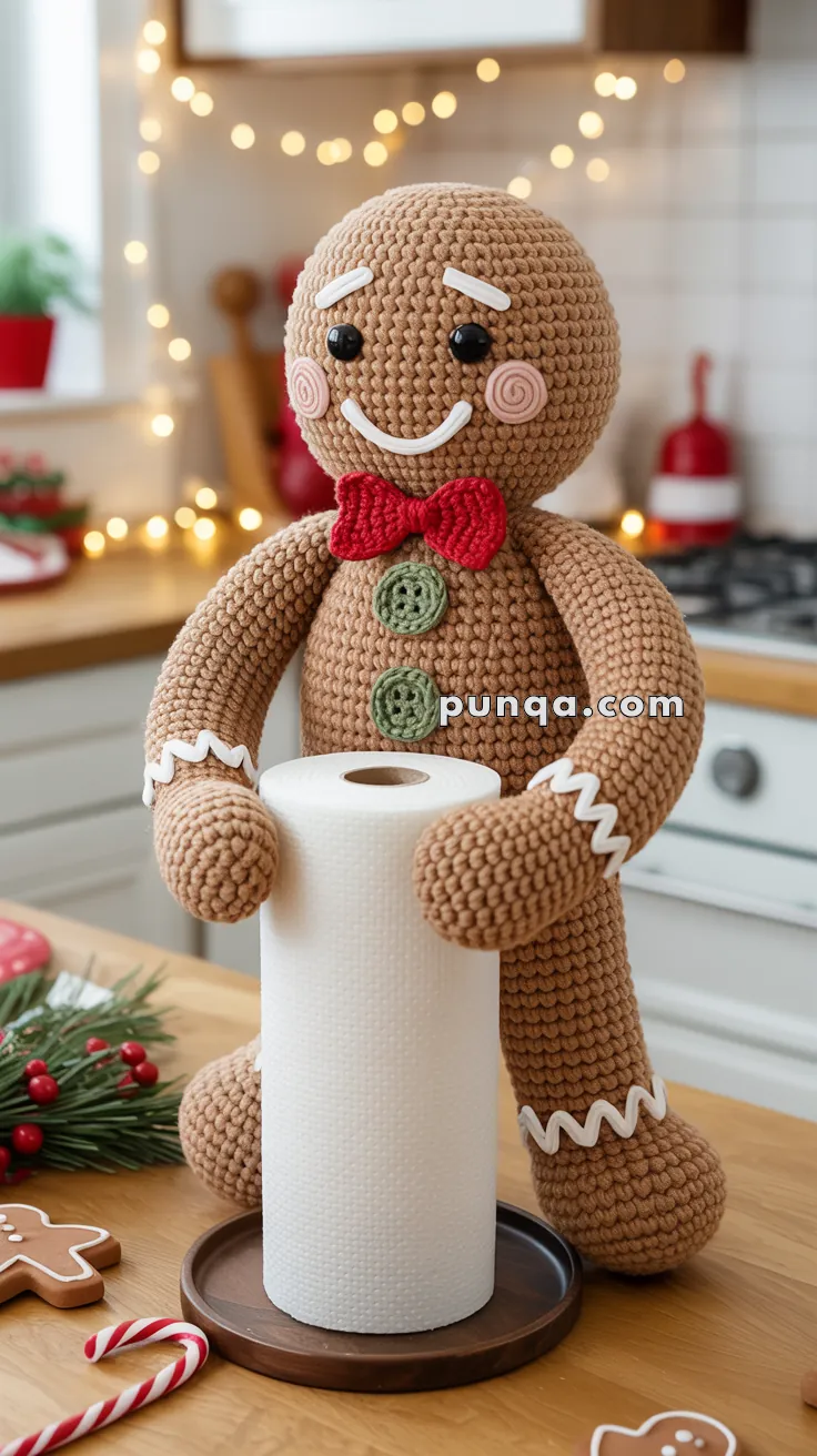 A crocheted gingerbread man holding a roll of paper towels in a cozy kitchen setting, decorated with festive lights and holiday-themed items like gingerbread cookies and candy canes.