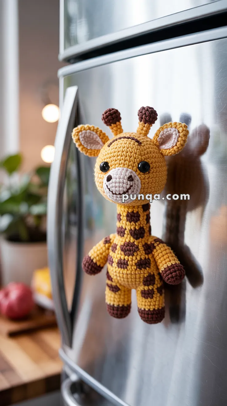 A crocheted giraffe magnet with brown spots and a smiling face attached to a stainless steel refrigerator. In the background, there's a blurred view of kitchen decor and a red apple on a wooden countertop.