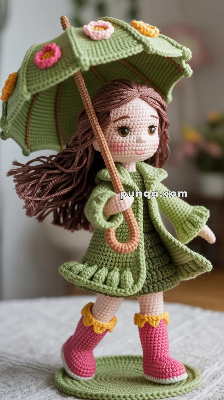 A crocheted doll with brown hair wearing a green coat and holding a green umbrella decorated with flowers, standing on a green base. The doll is also wearing pink boots with yellow accents.