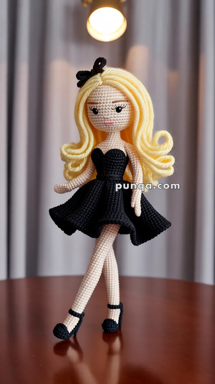 A crocheted doll wearing a black dress and black heels, with long blonde hair and a black bow, standing on a wooden surface with a soft background curtain and light overhead.