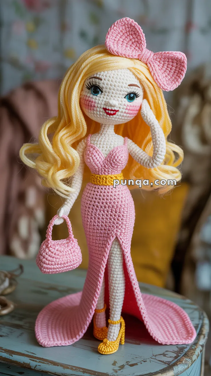 A crocheted doll with long blonde hair, wearing a pink dress with a slit, a large pink bow on its head, and holding a small pink purse. The doll is standing on a wooden surface.