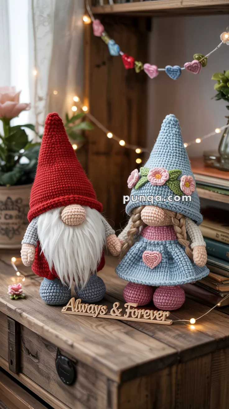 Two crochet gnomes, one with a red hat and white beard, and the other with a blue dress and hat adorned with pink flowers, stand holding hands. A wooden sign reading 'Always & Forever' is placed in front of them, and fairy lights and decorative hearts are in the background.