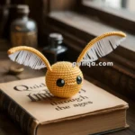 A small yellow crocheted creature with large eyes and wide ears sitting on an open book on a wooden table, surrounded by vintage ink bottles and pens.