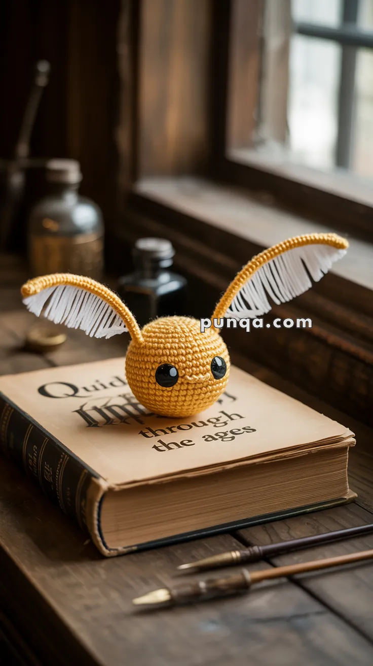 A small yellow crocheted creature with large eyes and wide ears sitting on an open book on a wooden table, surrounded by vintage ink bottles and pens.
