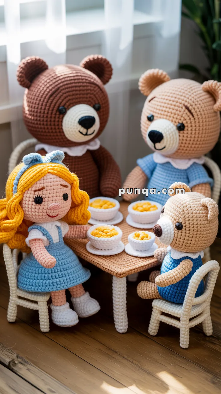 Crocheted dolls of three bears and a girl with blonde hair around a table set with bowls.