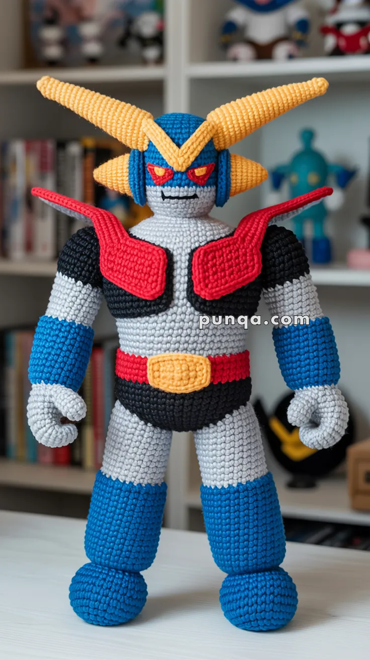 A crochet figure of a colorful robot with blue, red, yellow, and gray elements, featuring large yellow horns and red shoulder pads, displayed in front of a bookshelf.