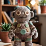 Crocheted golem doll with multicolored circular patterns, standing on a wooden table with books and plants in the background.