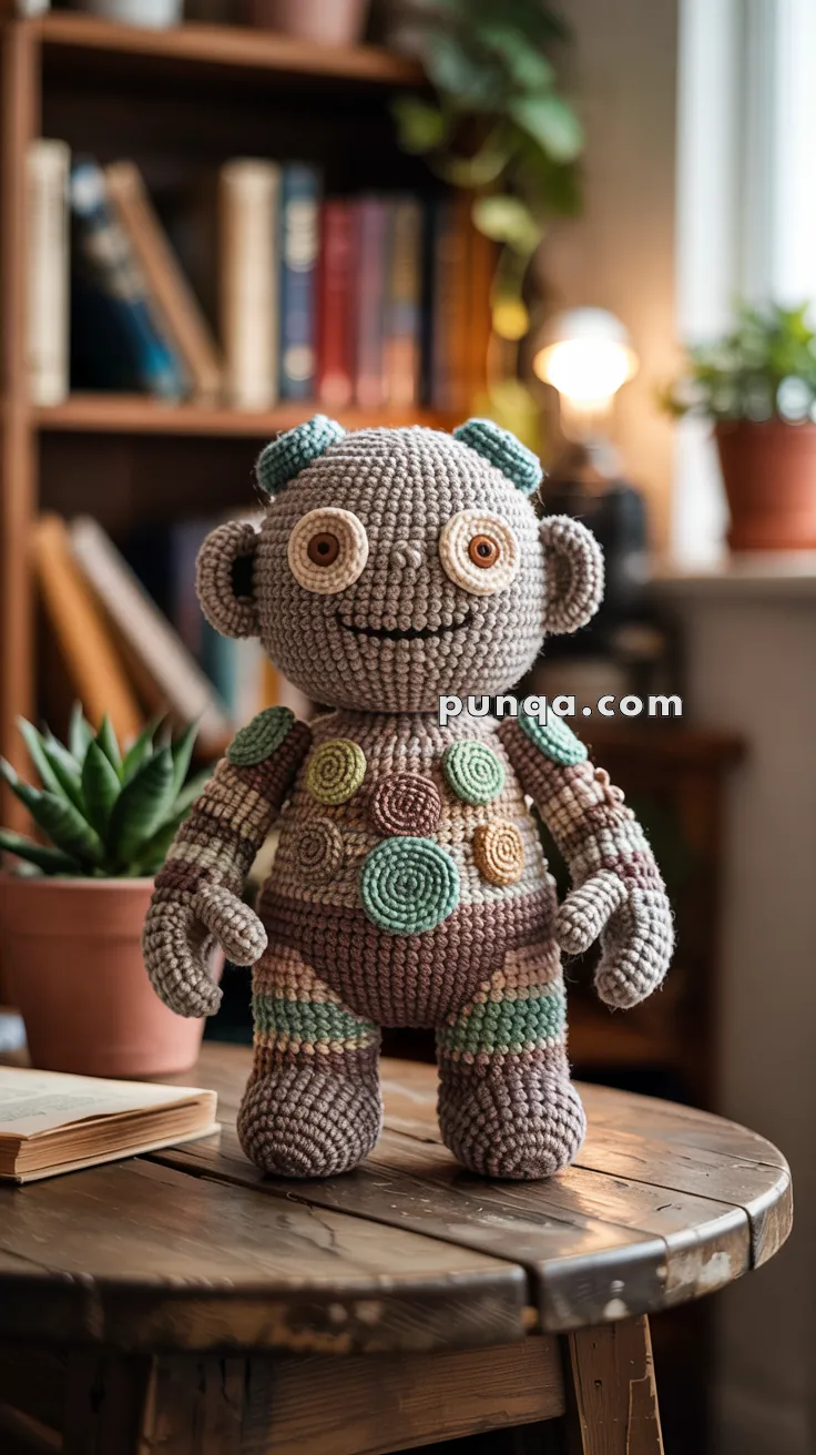 Crocheted golem doll with multicolored circular patterns, standing on a wooden table with books and plants in the background.