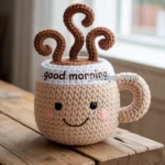 A cute crocheted coffee cup with a smiling face, steam curls, and the phrase "good morning" on the rim sits on a wooden table.