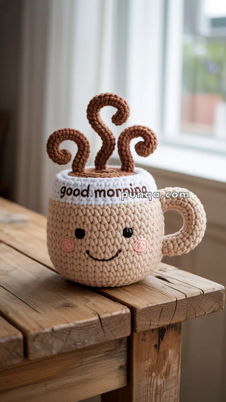 A cute crocheted coffee cup with a smiling face, steam curls, and the phrase "good morning" on the rim sits on a wooden table.