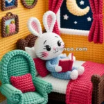 A crocheted bunny sitting on a yarn-covered bed, reading a red book in a cozy, handmade room. The room features a green armchair with a red pillow, a circular red and pink rug, and a window with a crescent moon and stars. The walls are adorned with small yarn-framed pictures.