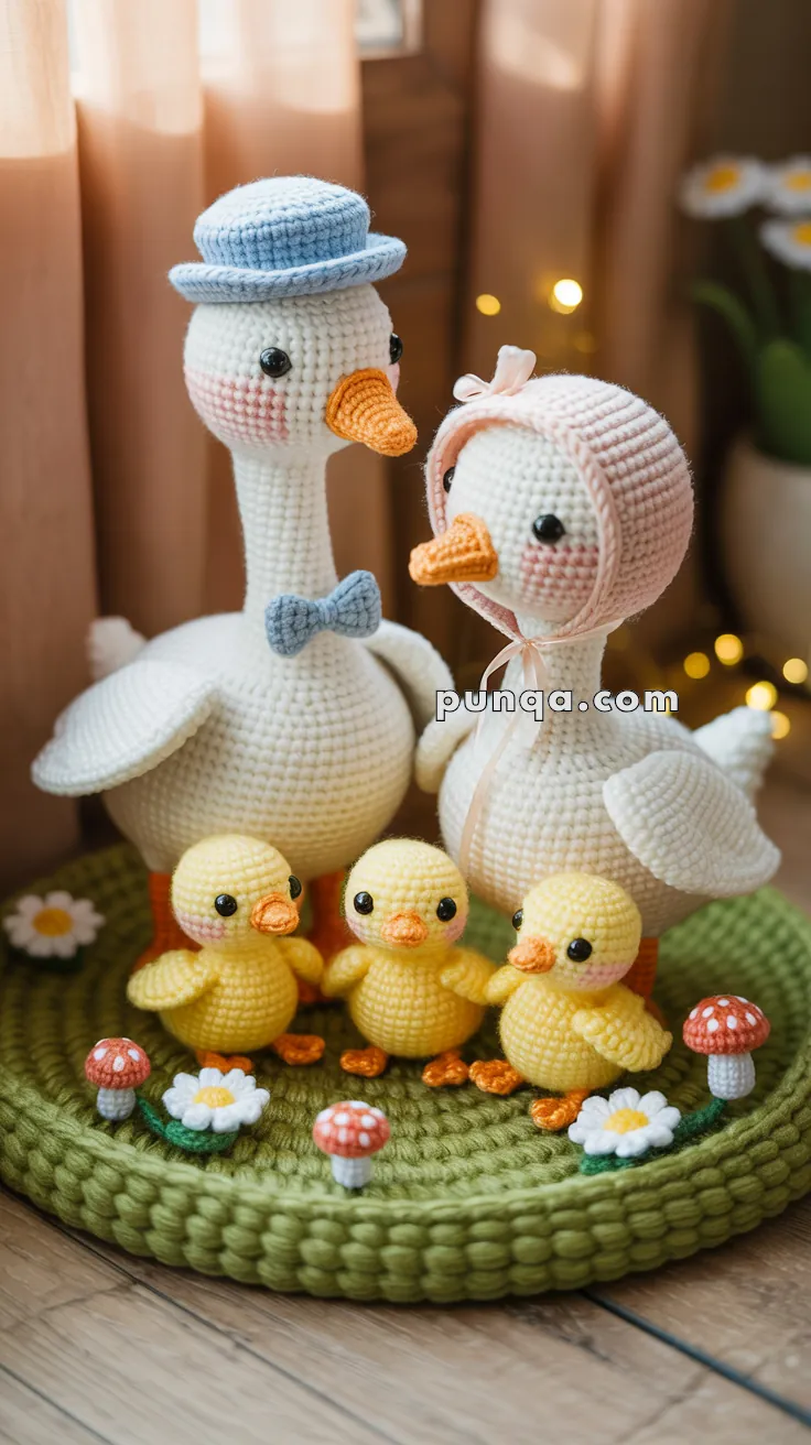 A crocheted family of geese and their ducklings, with the adult geese wearing hats, standing on a knitted green mat adorned with small flowers and mushrooms.