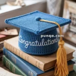 A knitted blue graduation cap with the word 'Congratulations' on it, placed on a stack of books by a window, featuring a yellow tassel.