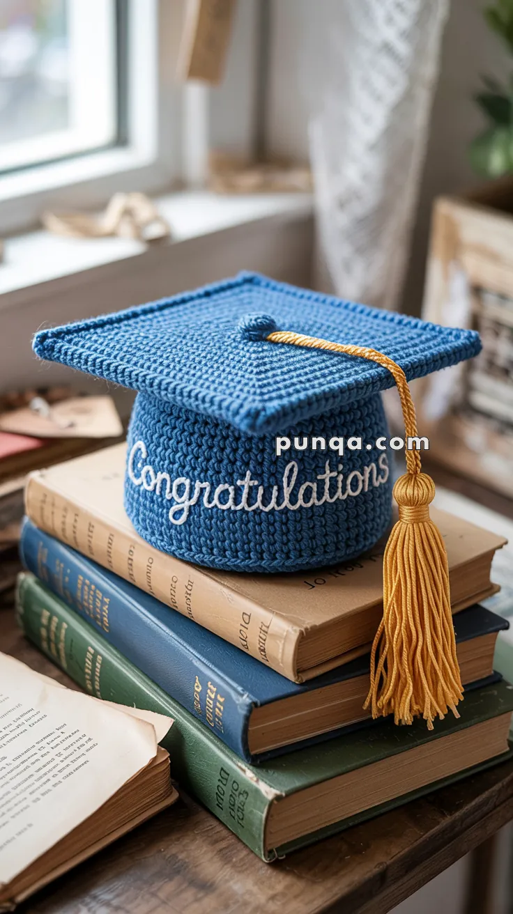 A knitted blue graduation cap with the word 'Congratulations' on it, placed on a stack of books by a window, featuring a yellow tassel.