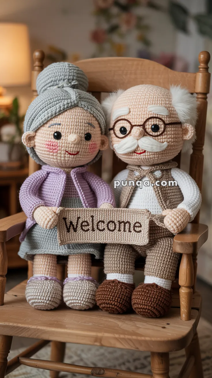 Crocheted dolls of an elderly couple sitting on a wooden rocking chair, holding a "Welcome" sign.
