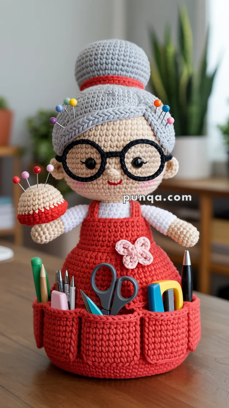 A crocheted doll resembling an elderly woman, with grey hair tied in a bun, large black glasses, and a red apron holding crafting supplies, displayed on a table.