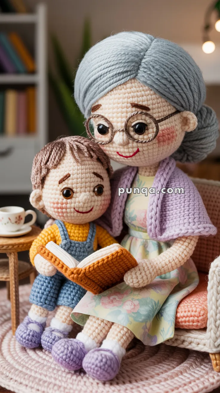 A crocheted doll of an elderly woman with gray hair and glasses sits on a sofa, reading a book with a young boy doll, who wears a yellow sweater and blue overalls.