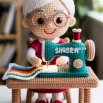 A crocheted doll depicted as an elderly woman with glasses, white hair in a bun, and a smiling expression, sitting at a sewing machine with colorful fabric. The scene includes a crocheted pin cushion and spools of thread on the table.