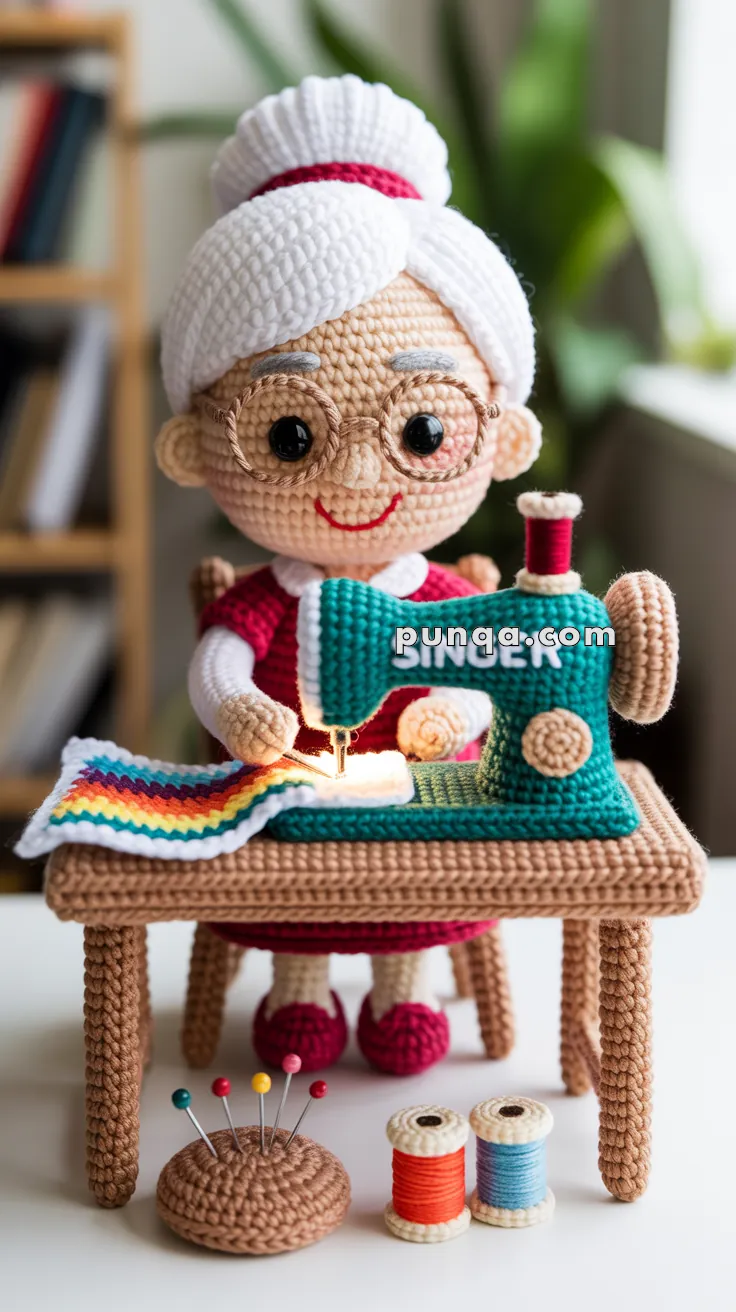 A crocheted doll depicted as an elderly woman with glasses, white hair in a bun, and a smiling expression, sitting at a sewing machine with colorful fabric. The scene includes a crocheted pin cushion and spools of thread on the table.