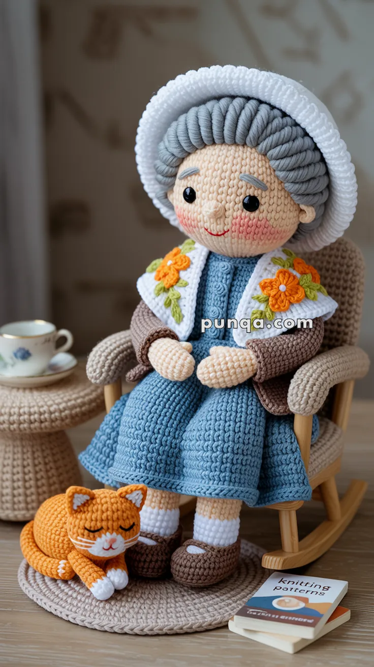 A crocheted doll of an elderly woman sitting in a rocking chair wearing a blue dress, brown shoes, and a white hat with orange flower accents. Beside her is a small crocheted orange cat and a book titled 'Knitting Patterns' on the floor. A teacup sits on a small crocheted table nearby.