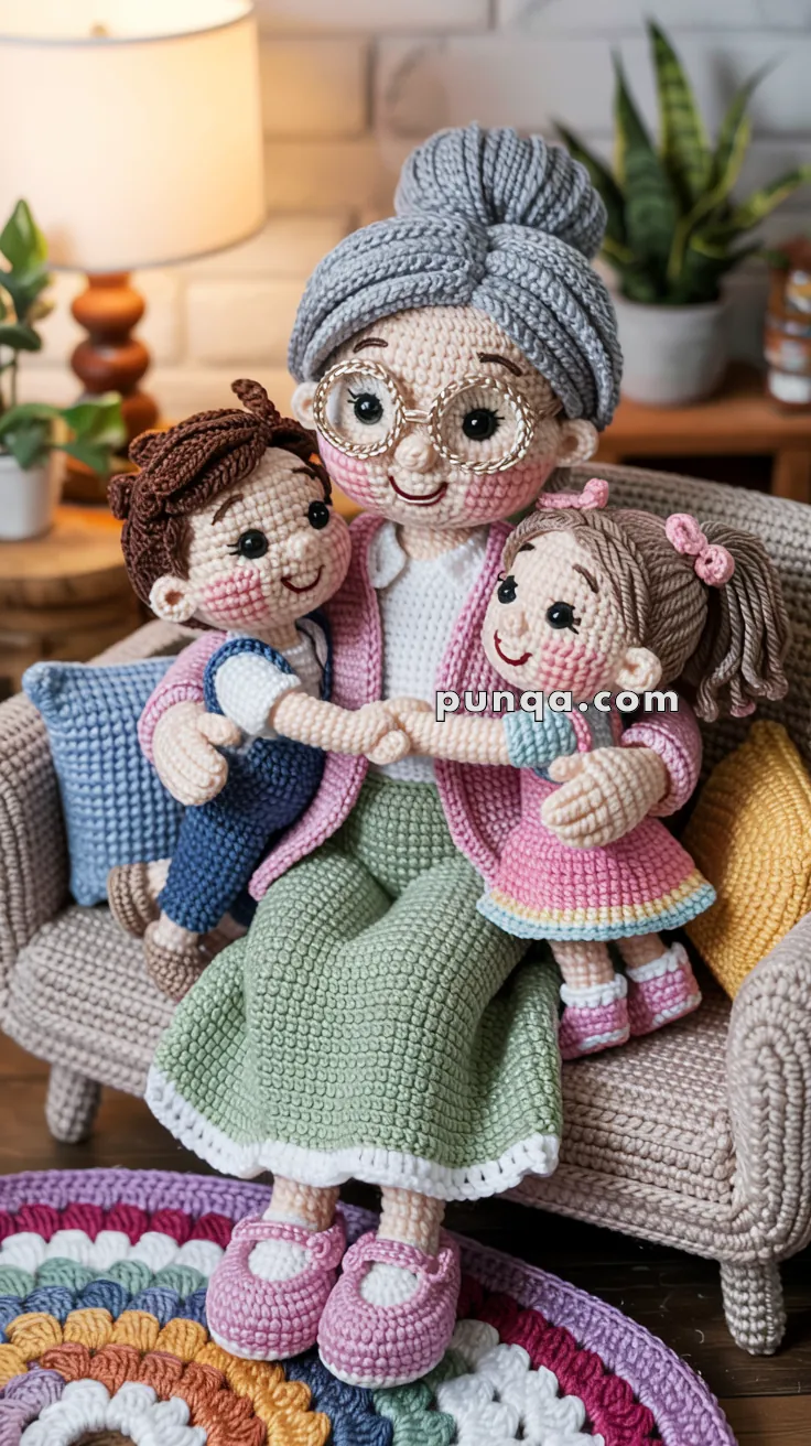 A crocheted doll of an elderly woman with glasses sitting on a couch, holding hands with two children dolls dressed in colorful outfits, set in a cozy living room with plants and a patterned rug.