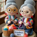 Two crocheted dolls resembling grandmothers sit on a small table with colorful yarn balls and needles, labeled "Grandma's Yarn," in a cozy room.