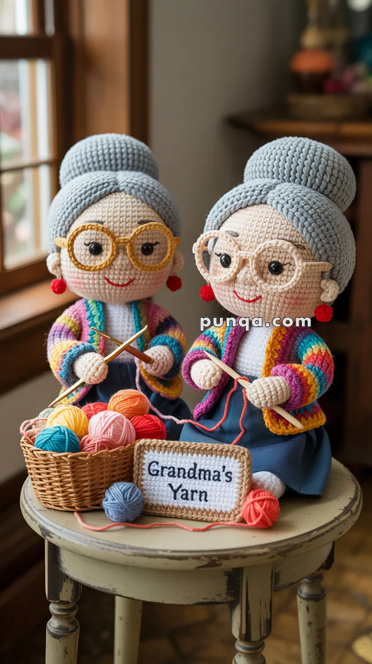 Two crocheted dolls resembling grandmothers sit on a small table with colorful yarn balls and needles, labeled "Grandma's Yarn," in a cozy room.