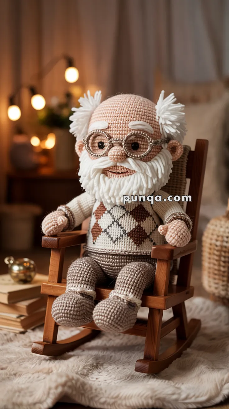 A crocheted doll resembling an elderly man with glasses and a white beard, wearing a sweater with a diamond pattern, sitting on a wooden rocking chair in a cozy room with warm lighting.