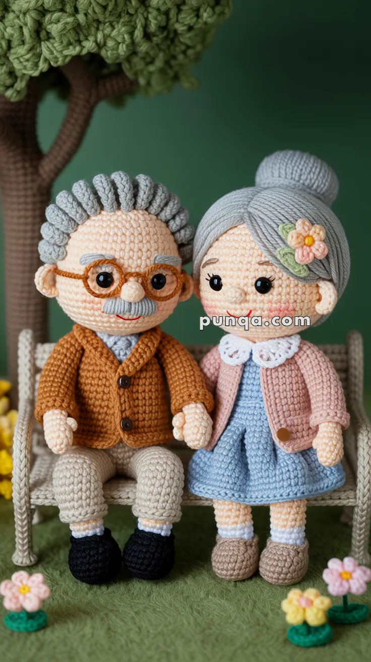 Two amigurumi dolls depicting an elderly couple sitting on a bench, with the man wearing glasses and a brown suit and the woman in a blue dress with a pink flower in her hair; they are holding hands under a tree in a garden setting.
