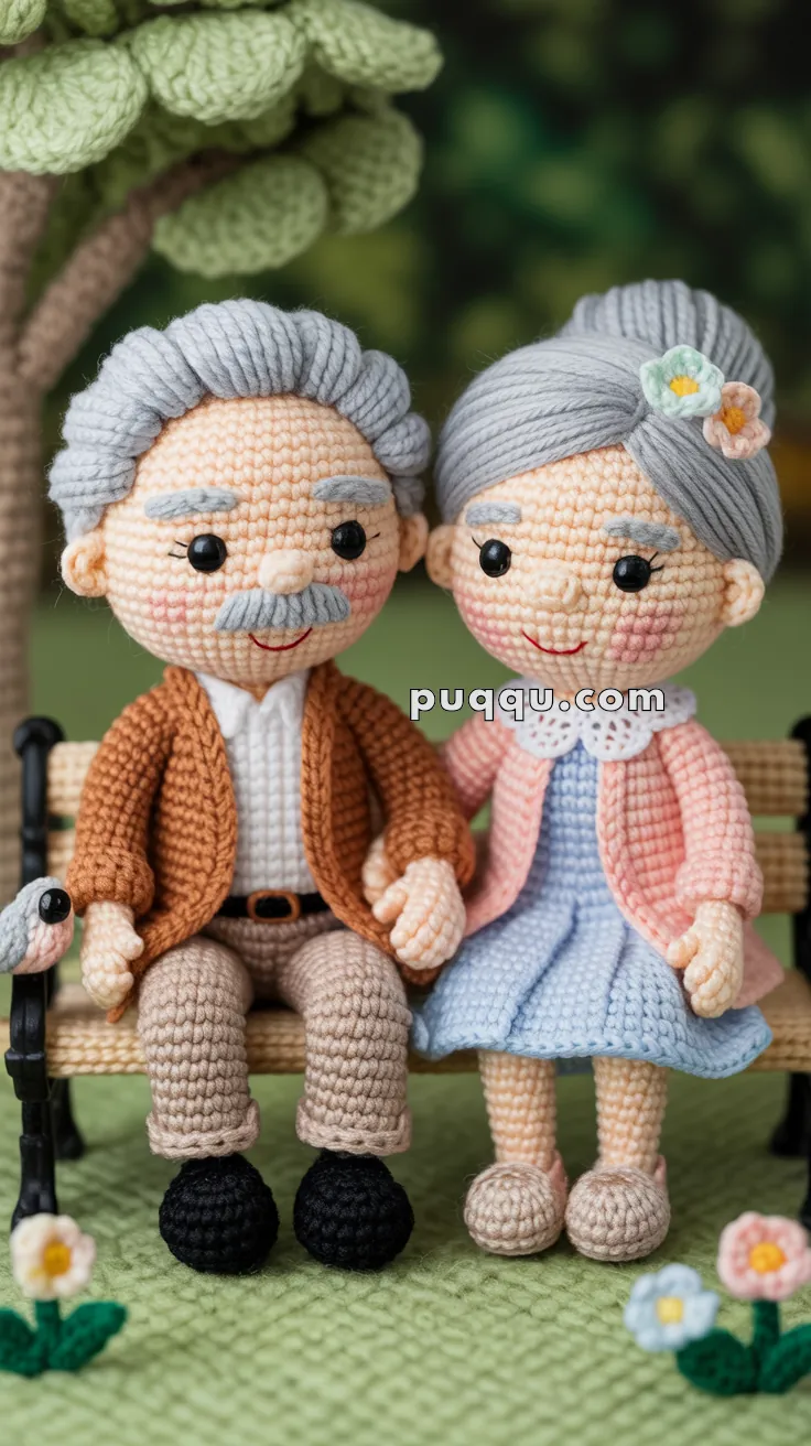 A crocheted elderly couple sits on a bench, holding hands. The man wears a brown jacket and beige pants, while the woman is dressed in a blue dress with a pink sweater. Both have gray hair and are smiling, with a background featuring a tree and flowers.