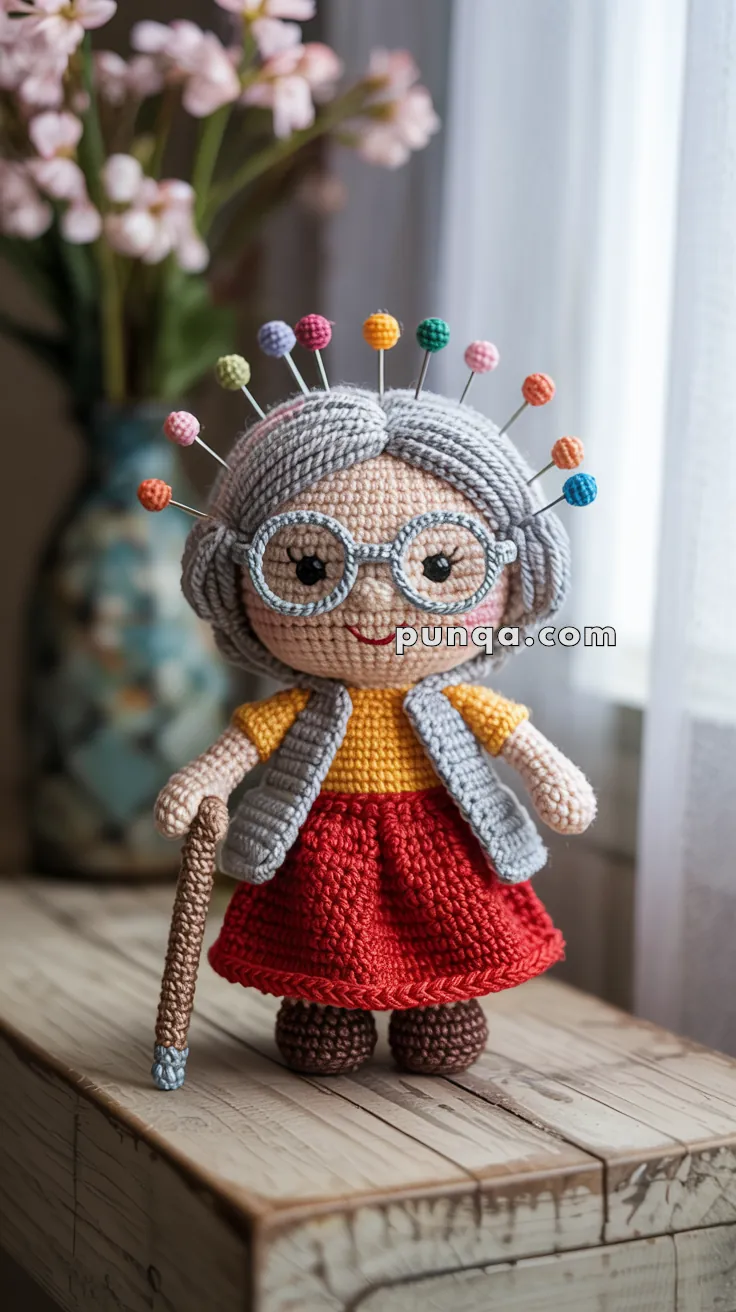 A crocheted doll resembling an elderly woman with gray hair, glasses, a yellow top, red skirt, and gray vest, holding a cane, and with colorful pins in her hair, placed on a wooden surface with a blurred floral background.