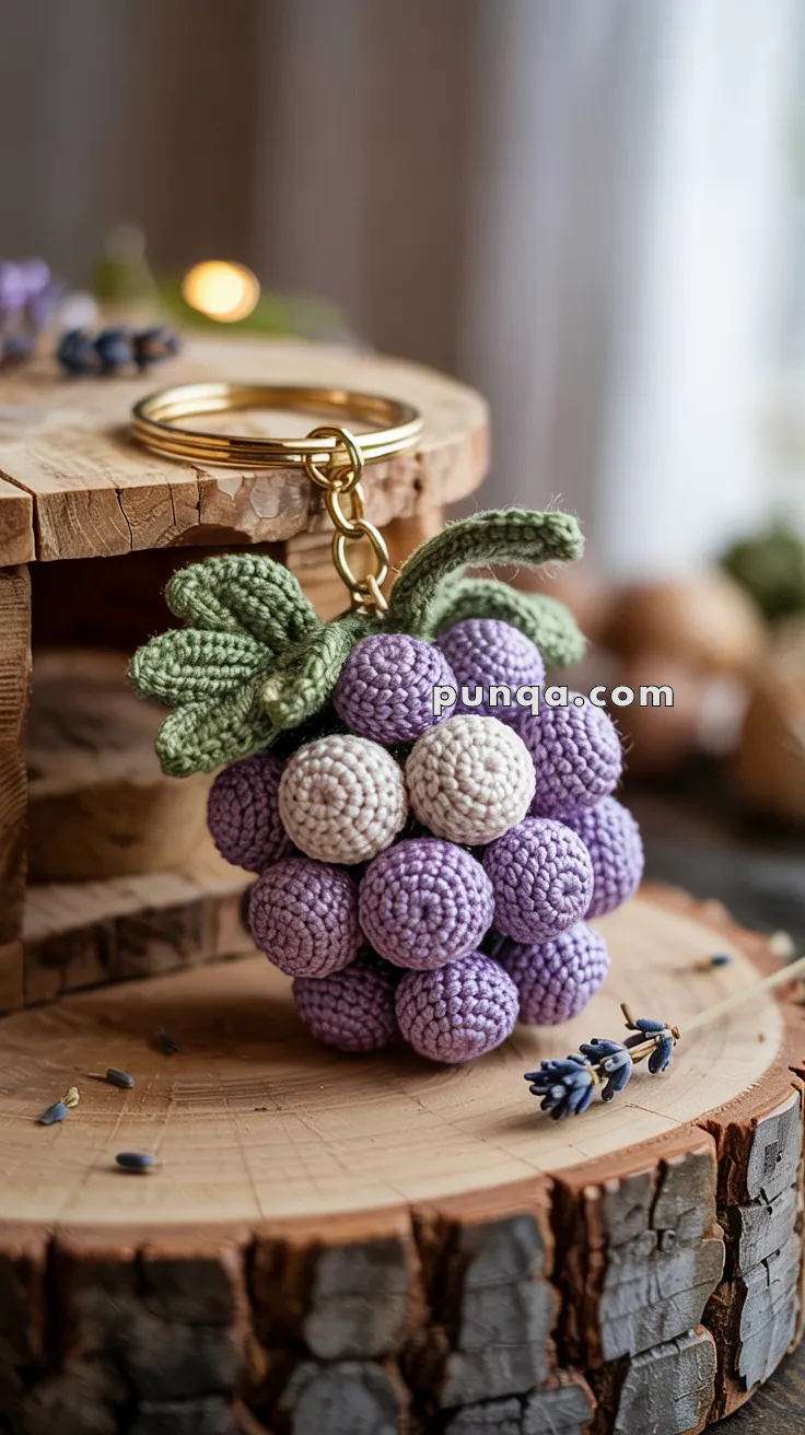 A crocheted keychain shaped like a bunch of grapes, with purple and cream-colored yarn, hanging on a wooden surface. The keychain includes green crocheted leaves and a gold metal ring.