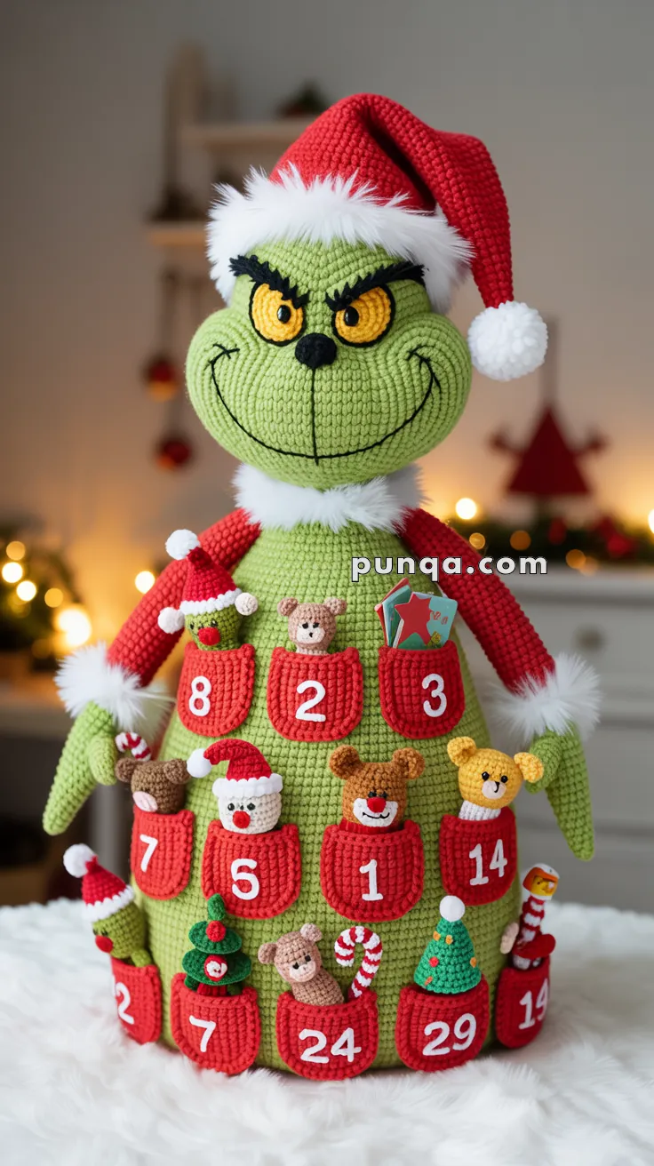 A crocheted Grinch figure wearing a Santa hat, designed as an advent calendar with numbered red pockets filled with small toys and trinkets.