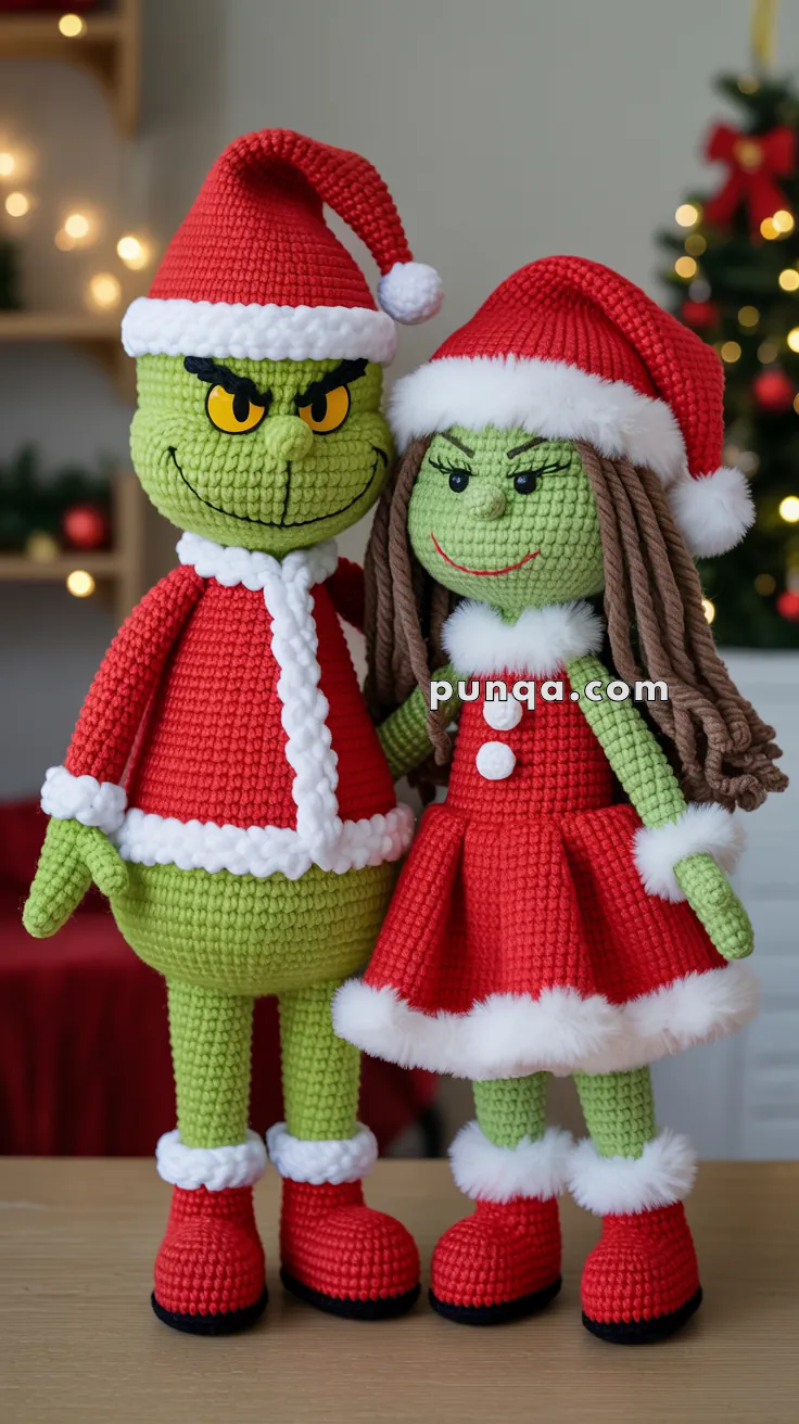 Two crocheted Grinch figures dressed in red Santa outfits with white trims and hats, standing together in a festive setting with blurred Christmas lights in the background.