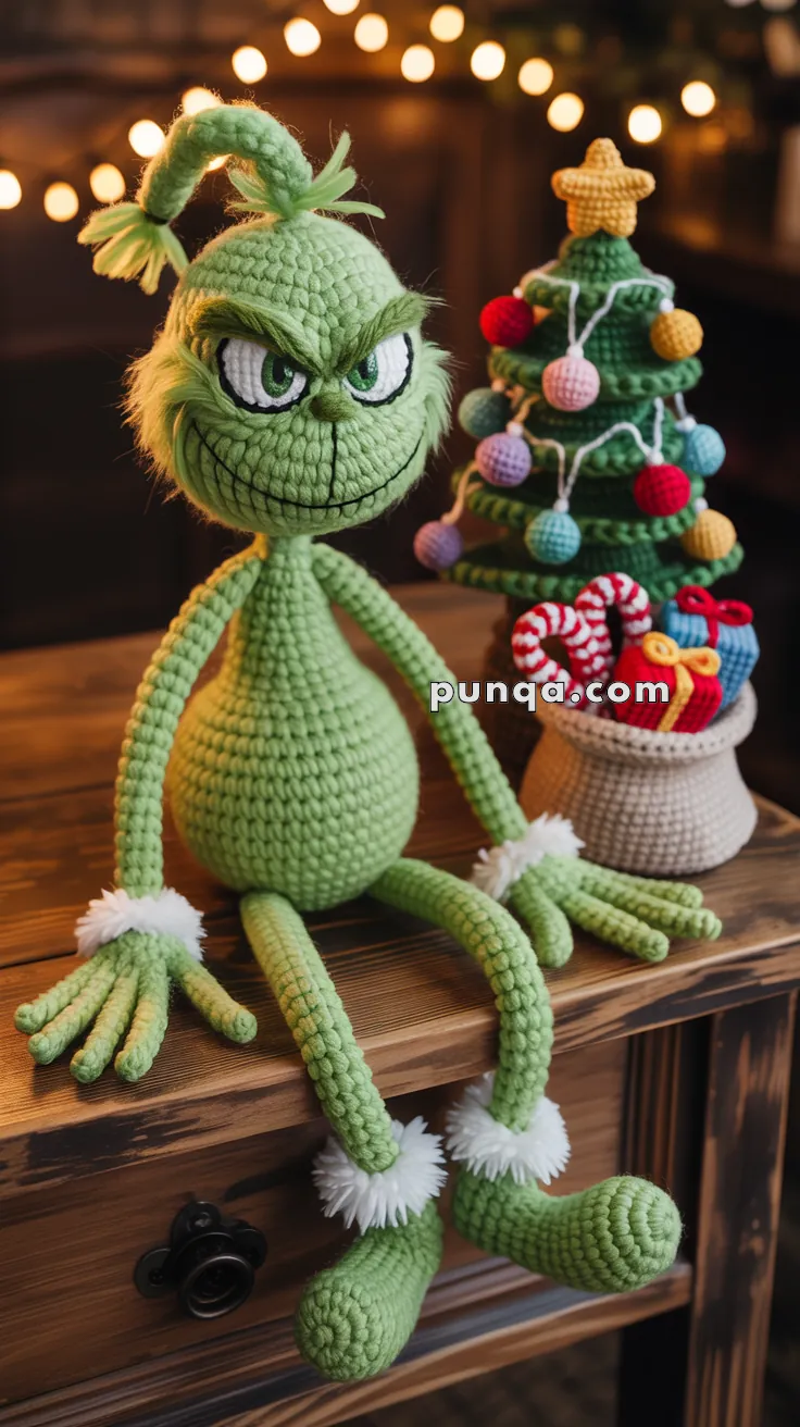 A crocheted green character with a mischievous grin sits on a wooden table next to a small crocheted Christmas tree and a basket of colorful yarn decorations.