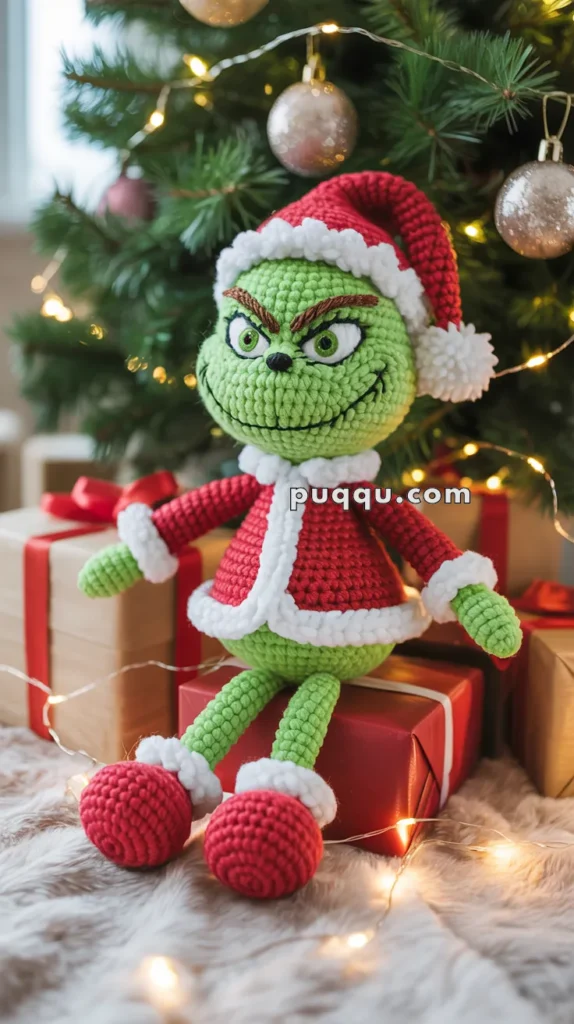 A crocheted Grinch doll dressed in a red Santa outfit sits on a wrapped gift in front of a decorated Christmas tree with lights and ornaments.