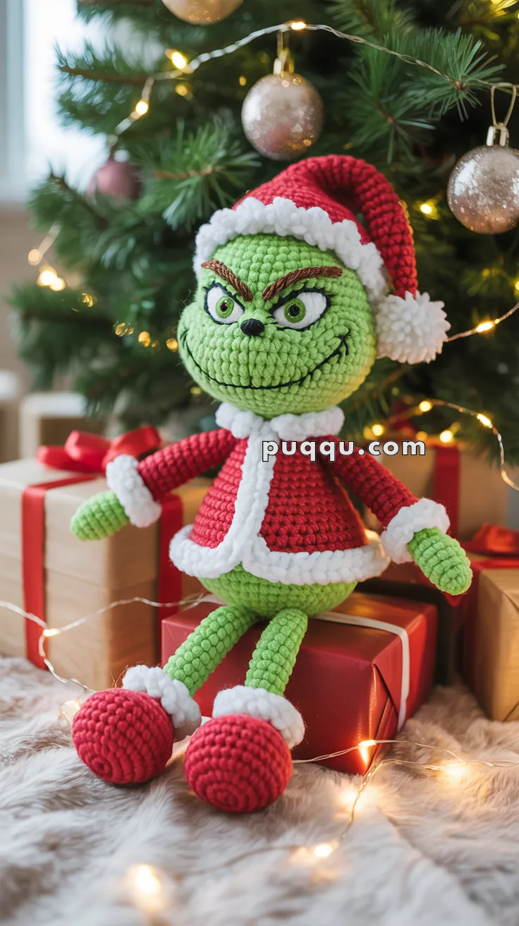 A crocheted Grinch doll dressed in a red Santa outfit sits on a wrapped gift in front of a decorated Christmas tree with lights and ornaments.