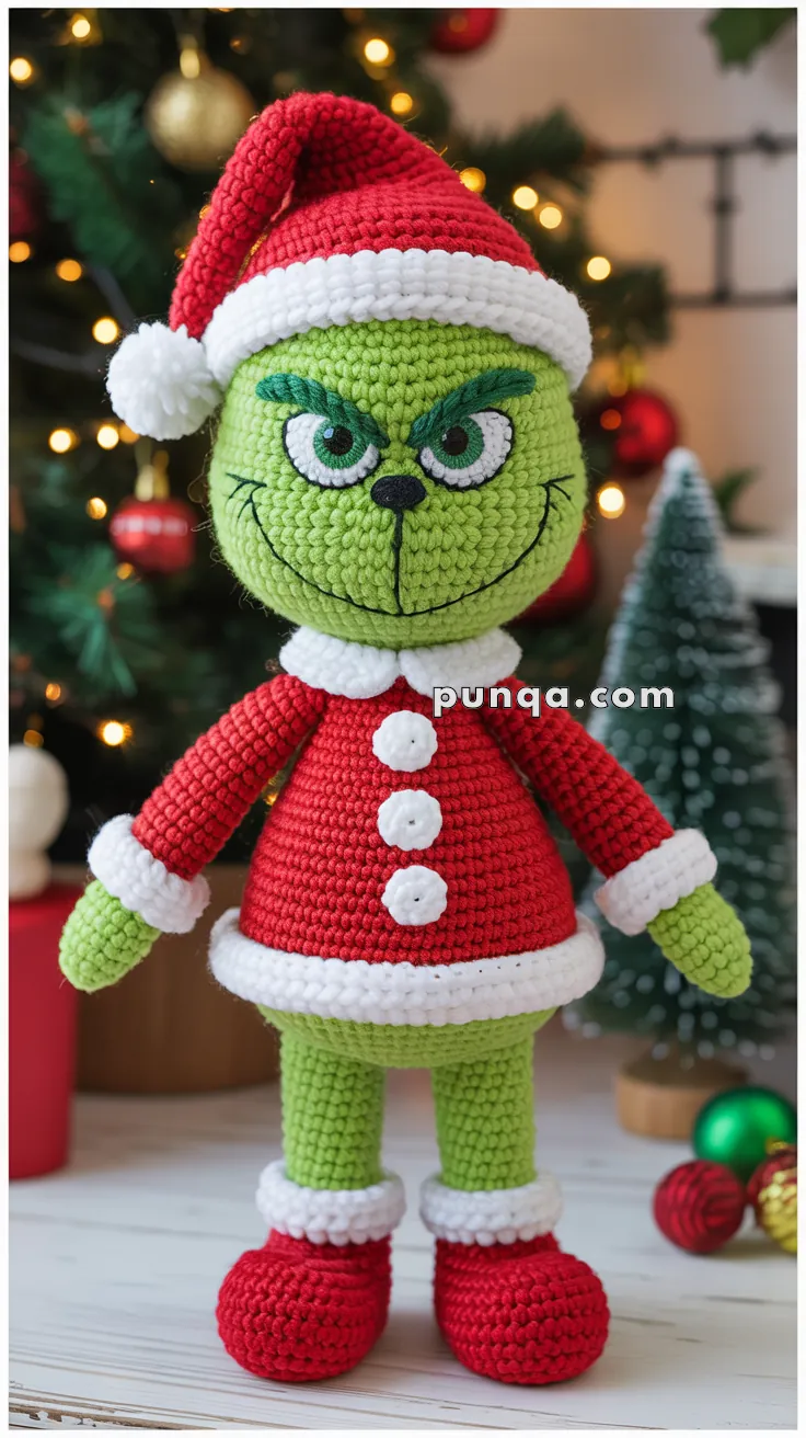 A crocheted green character dressed in a red Santa outfit, complete with a hat and boots, standing in front of a decorated Christmas tree with lights and ornaments.